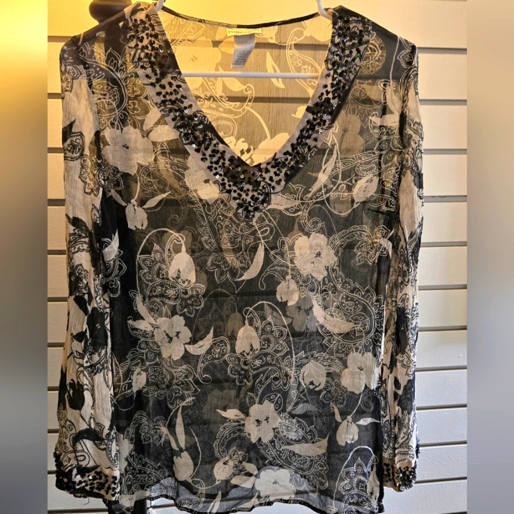 Vintage Silk  Top Y2K Sequin Embellished Large Fashion Bug Office Baddie Mobwife